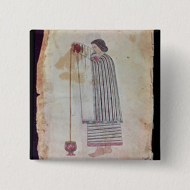 Mexican Indian Preparing Chocolate, from the Codex 2 Inch Square Button (Front)