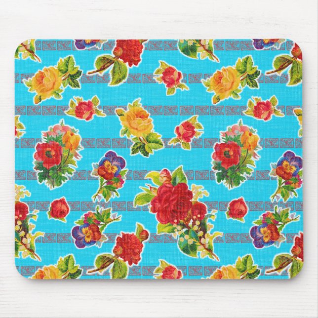 Mexican Inspired Oilcloth - Turquoise Flowers Mouse Pad (Front)