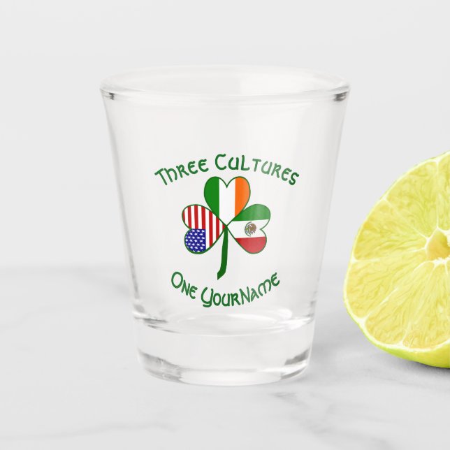 Mexican Irish American Flags Shamrock Personalized Shot Glass (Front)