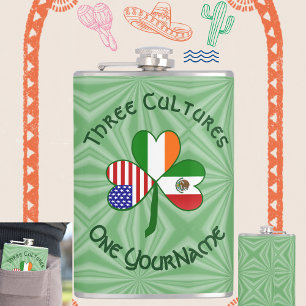 Mexican Irish American Shamrock Flag Hip Flask