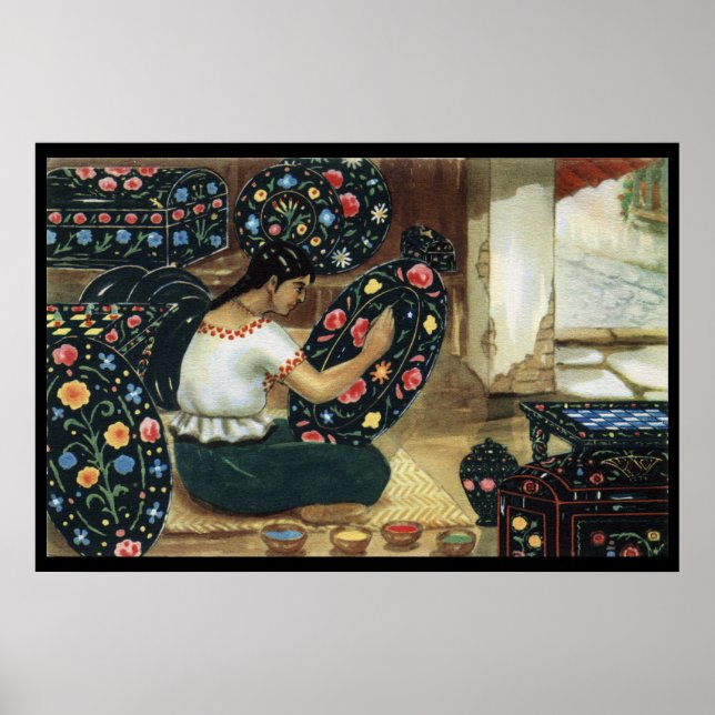 Mexican lady painting colourful vivid plates poste poster (Front)
