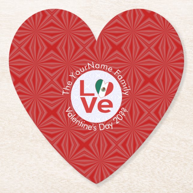 Mexican LOVE Heart Flag Valentine Personalized  Paper Coaster (Front)