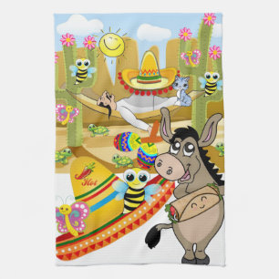 Mexican Man Donkey Butterfly Kitchen Hand Towel