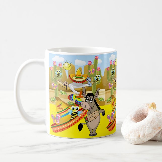 Mexican Man Donkey Sombrero Butterfly Yellow Mug (With Donut)