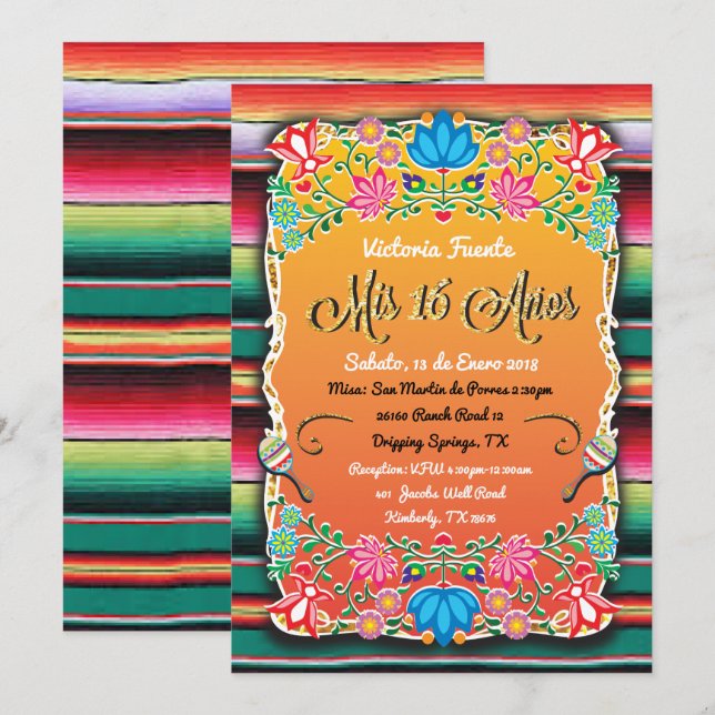Mexican Mis 16 Anos Party Gold Glitter Invitation (Front/Back)