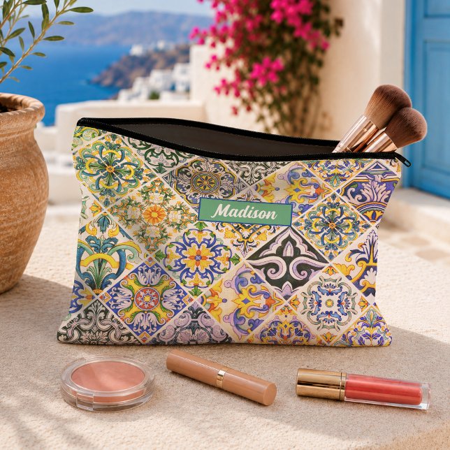 Mexican Moroccan Sicilian Green Tile Pattern Accessory Pouch (Creator Uploaded)