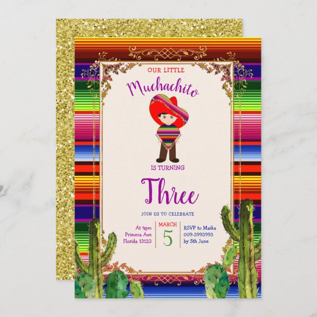 Mexican Muchachito Cactus Birthday Invitation (Front/Back)