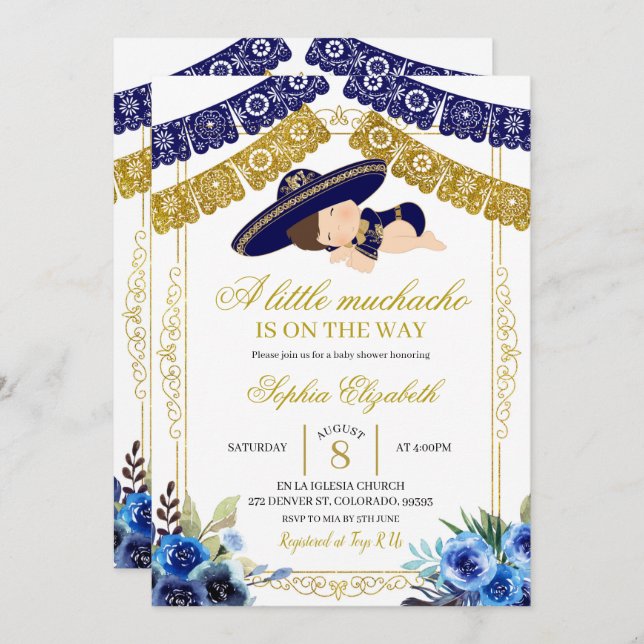 Mexican Navy Blue and Gold Charro Big Boy Invitation (Front/Back)