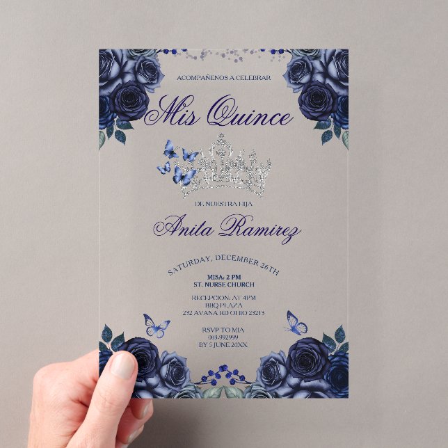 Mexican Navy Blue Floral Silver Crown Mis Quince Acrylic Invitations (Insitu (Handheld))