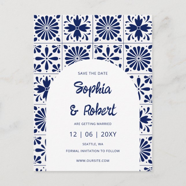 Mexican Navy Blue Talavera Tiles Save the Date Announcement Postcard (Front)