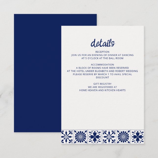 Mexican Navy Blue Talavera Tiles Wedding Enclosure Card (Front/Back)