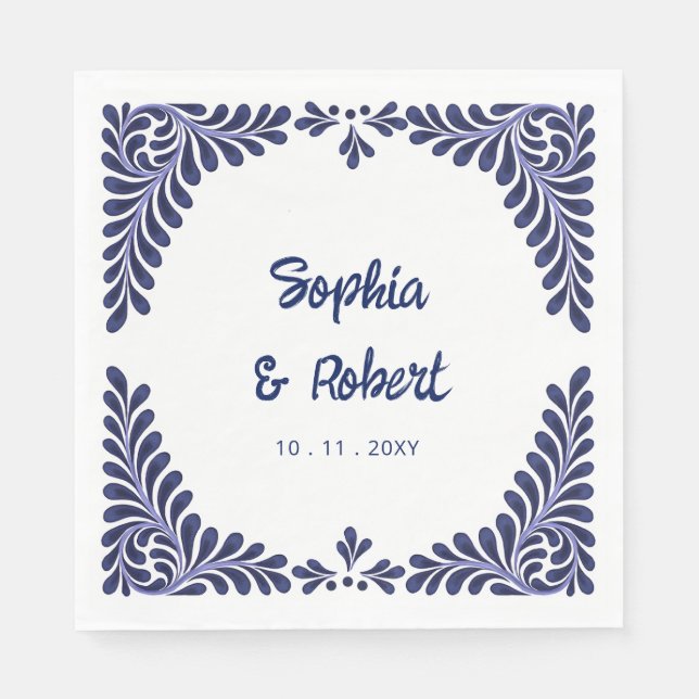 Mexican Navy Blue Talavera Tiles Wedding Napkin (Front)
