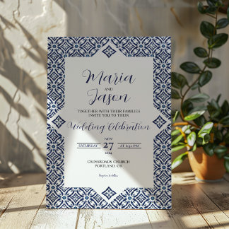 Mexican Navy White Talavera Formal Elegant Wedding Invitation
