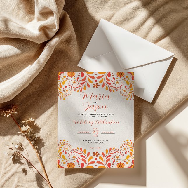 Mexican Orange Red Yellow Butterfly Floral Wedding Invitation (Mexican Orange Red Yellow Butterfly Floral Wedding Invitation)