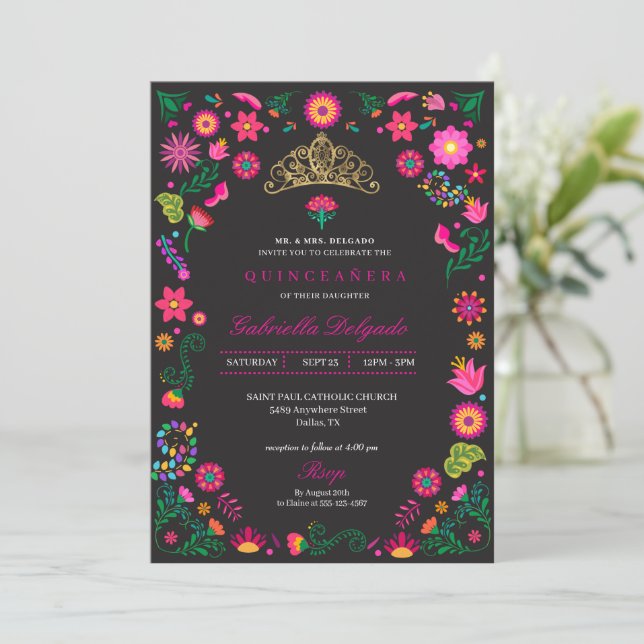 Mexican Otomi Embroidery Quinceañera Invitation (Standing Front)