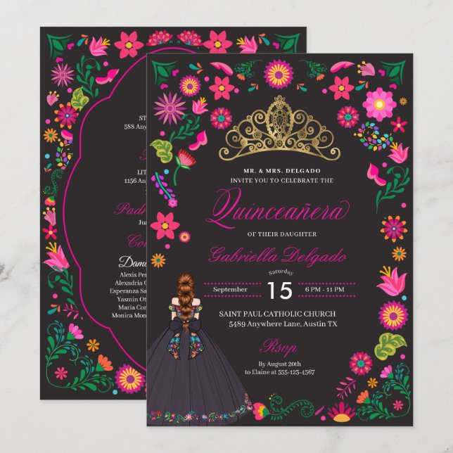 Mexican Otomi Embroidery Quinceañera Invitation (Front/Back)