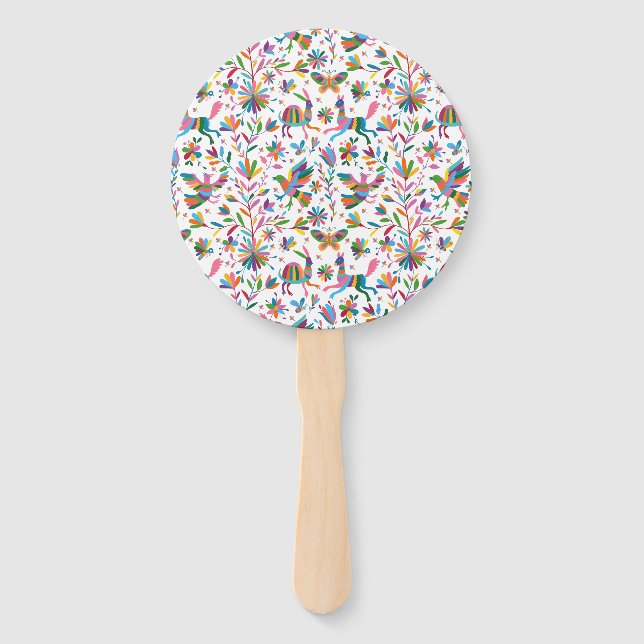  Mexican Otomi Style Bright Pattern Hand Fan (Front)