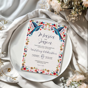 Mexican Otomi Tenangos Colourful Floral Wedding Invitation