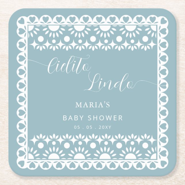 Mexican Papel Picado Cielito Lindo Baby Shower Square Paper Coaster (Front)