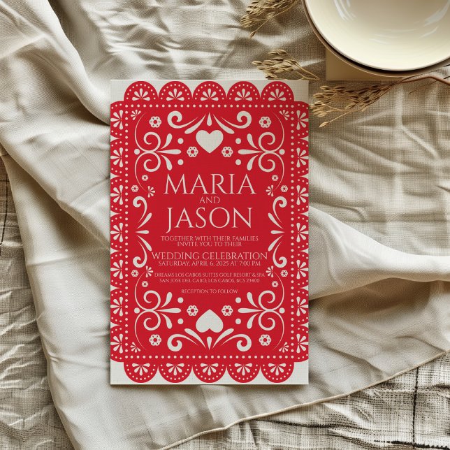 Mexican Papel Picado Red White Folk Art Wedding Invitation (Mexican Papel Picado Red White Folk Art Wedding Invitation)