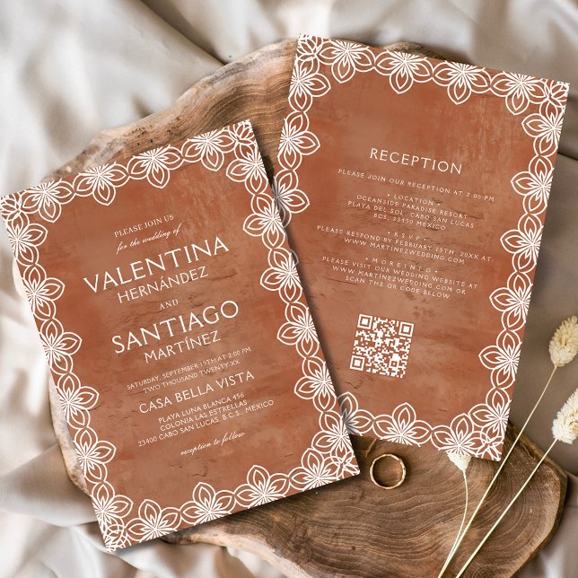 Mexican Papel Picado Terracotta White Boho Wedding Invitation (Creator Uploaded)