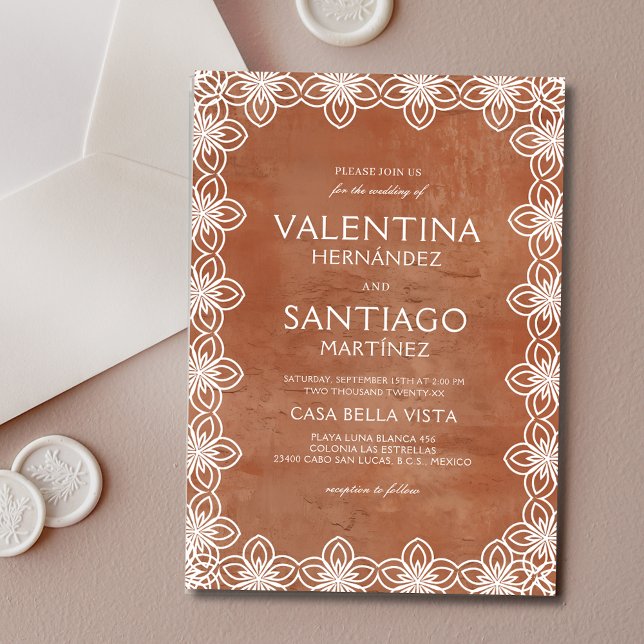 Mexican Papel Picado Terracotta White Boho Wedding Invitation (Creator Uploaded)
