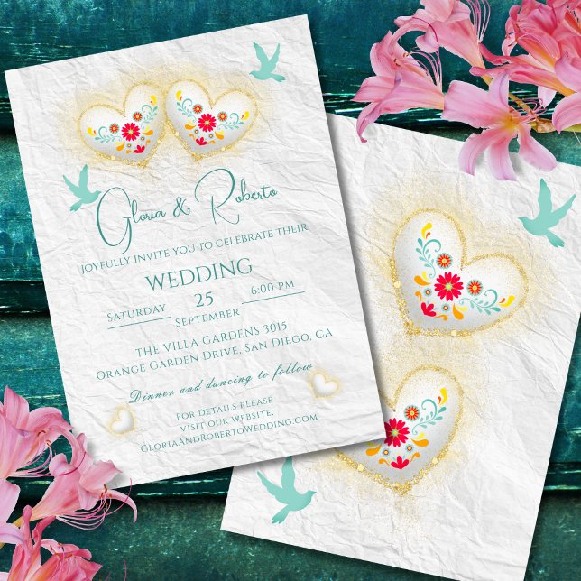 Mexican Pastel Hearts Flowers Doves  Invitation (Creator Uploaded)