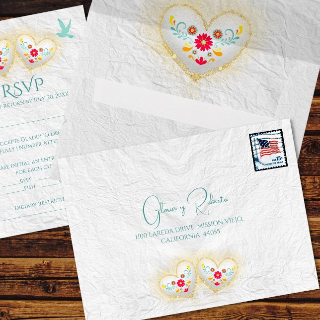 Mexican Pastel Hearts Flowers Doves RSVP Envelope (Creator Uploaded)