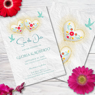 Mexican Pastel Hearts Flowers Doves Save The Date Invitation
