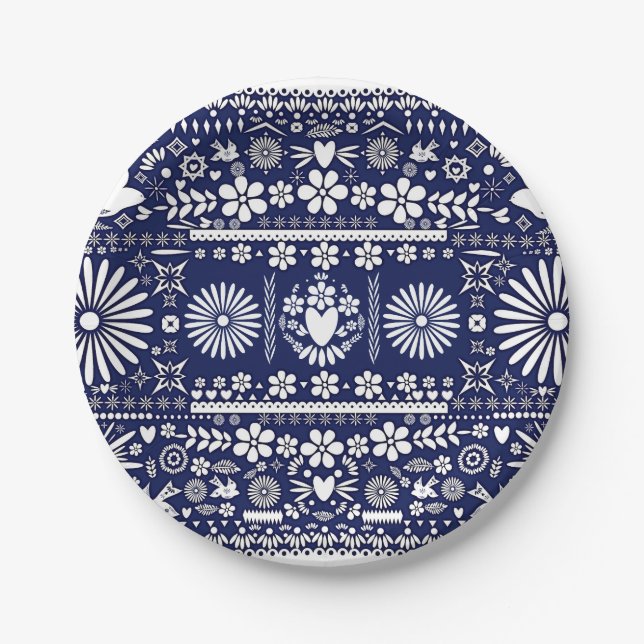 Mexican Picado Blue White Paper Wedding Marriage Paper Plate (Front)