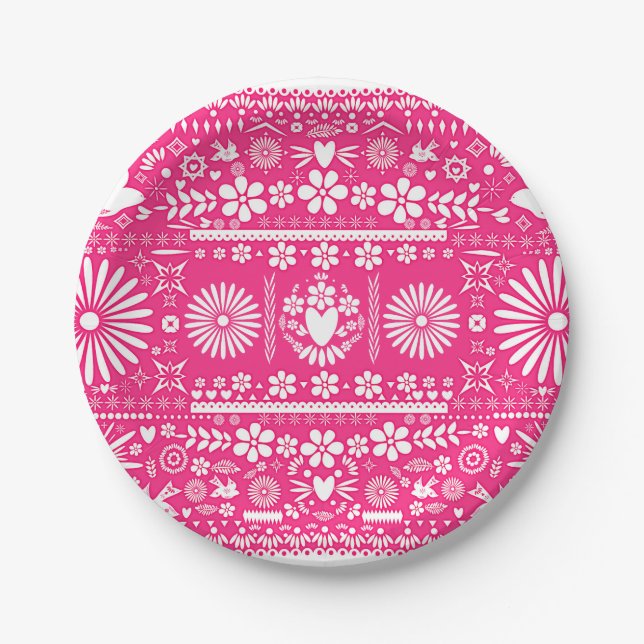 Mexican Picado Bright Hot Pink Wedding Marriage Paper Plate (Front)