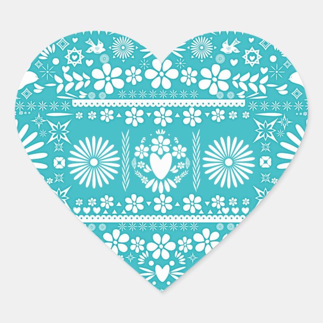 Mexican Picado Cut Turquoise Teal Wedding Marriage Heart Sticker (Front)
