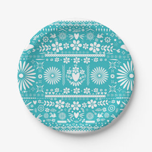 Mexican Picado Cut Turquoise Teal Wedding Marriage Paper Plate