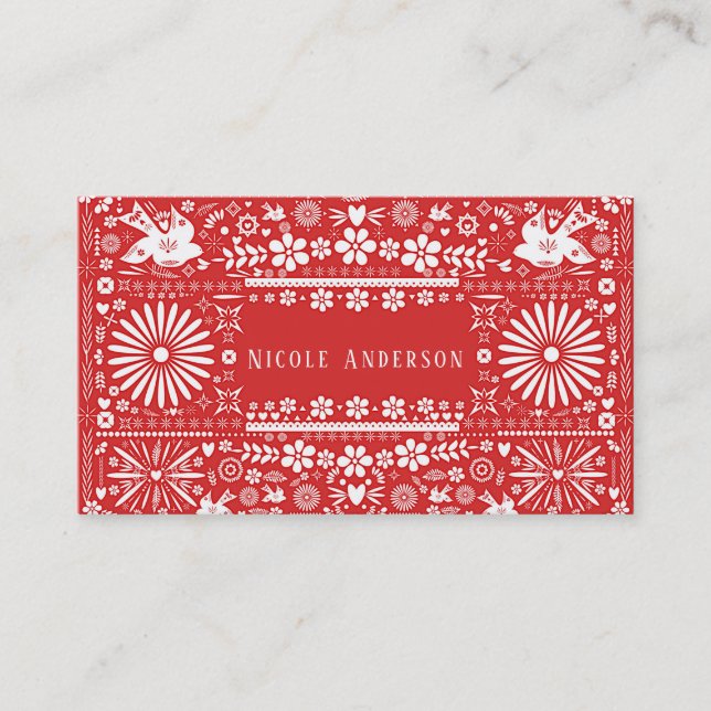 Mexican Picado Red White Cut Paper Papel Business Card (Front)