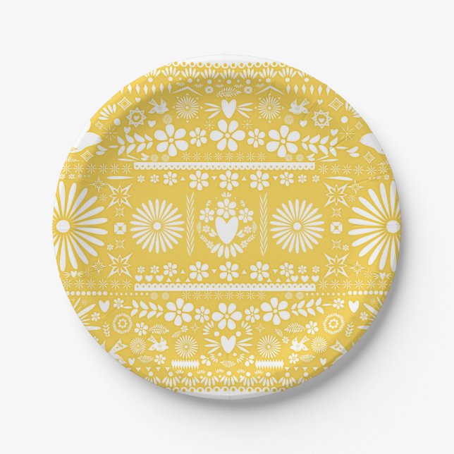 Mexican Picado Yellow White Paper Wedding Marriage Paper Plate (Front)