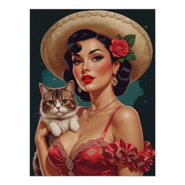 Mexican Pin-Up holding Cute Cat Poster (Front)
