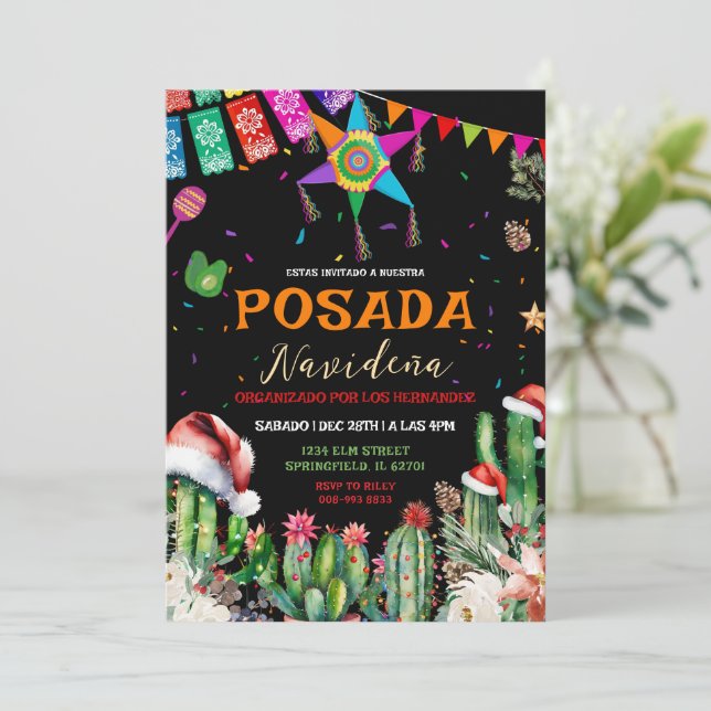 Mexican Posada Navidena Fiesta Cactus Christmas  Invitation (Standing Front)