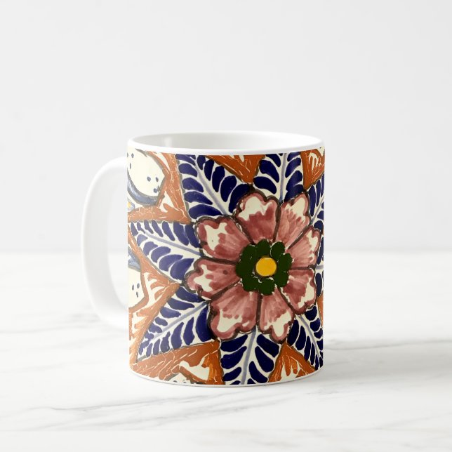 Mexican Pottery Talavera Southwest Brown Blue Coffee Mug (Front Left)
