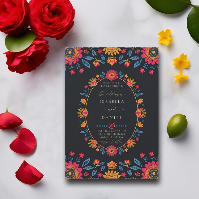 Mexican Rancho Colourful Flowers Wreath Wedding Invitation (rancho mexican wedding invitation fiesta hacienda watercolor floral wreath frame elegant modern chic)