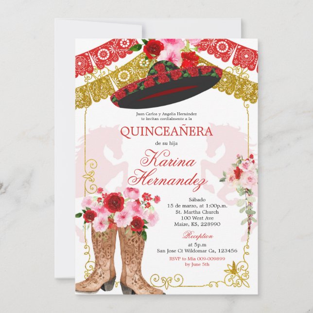 Mexican Red and Gold Girl Mis Quince Invitation (Front)