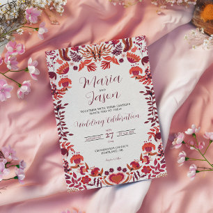 Mexican Red Burgundy Rose Floral Botanical Wedding Invitation