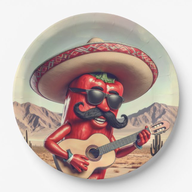 Mexican Red Chili Pepper Guitar Player Paper Plate (Front)