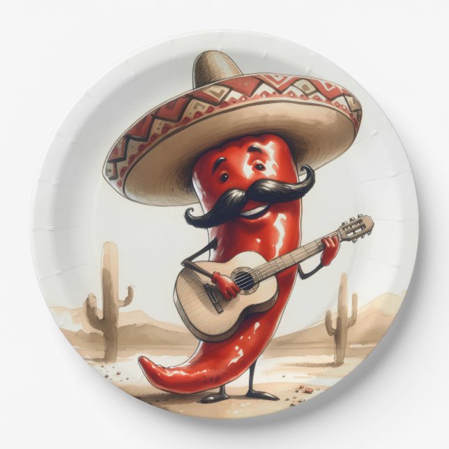 Mexican Red Chili Pepper Guitar Player Paper Plate (Front)