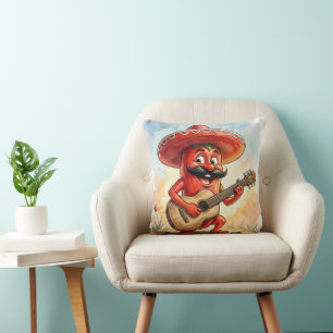 Mexican Red Chili Pepper Guitarist Throw Pillow