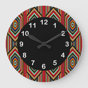 Mexican Red Teal Blue Orange Black Inca Stripe Large Clock