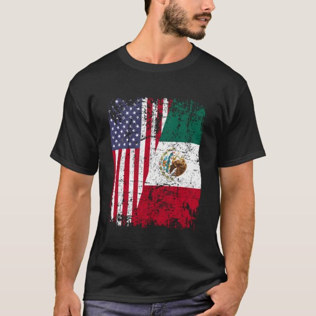 Mexican Roots Half American Flag Mexico T-Shirt (Front)