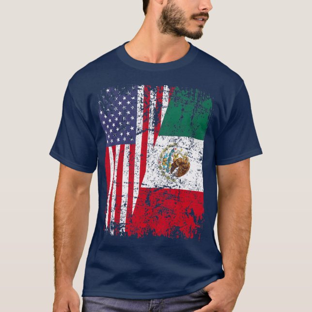 MEXICAN ROOTS T  Half American Flag  MEXICO T-Shirt (Front)