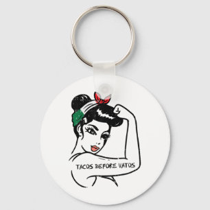 Mexican Rosie Strong Woman Tacos Before Vatos Cinc Keychain