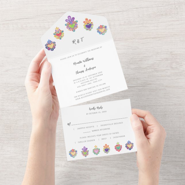 Mexican sacred hearts All in One Wedding Invite (Tearaway)