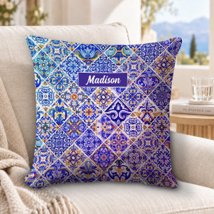 Mexican Sicilian Mediterranean purple blue tiles Throw Pillow